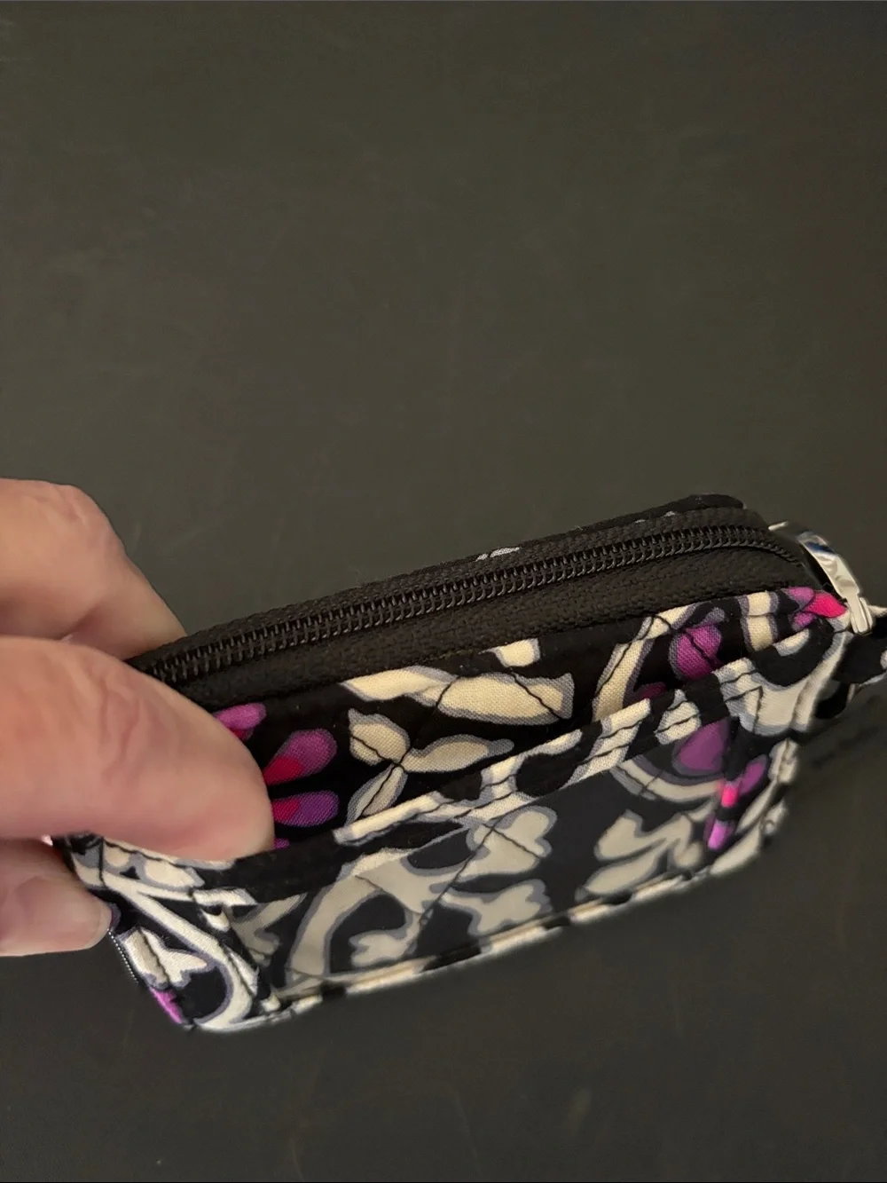 Vera Bradley Black White and Pink Patterned Zip ID Wallet with Key Ring
